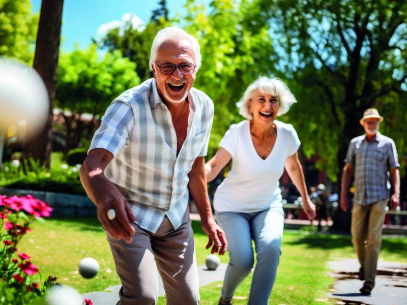 AI generated image of senior playing boule petanque game in the park. High quality photo